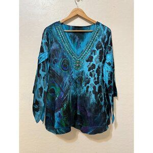 Y2K Womans Animal Print Top Size 2X Artsy Western Festival Beachy Resort Cruise